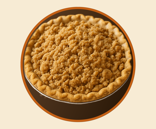 Apple Crumble Pie in a foil pan, whole, on a brown dish