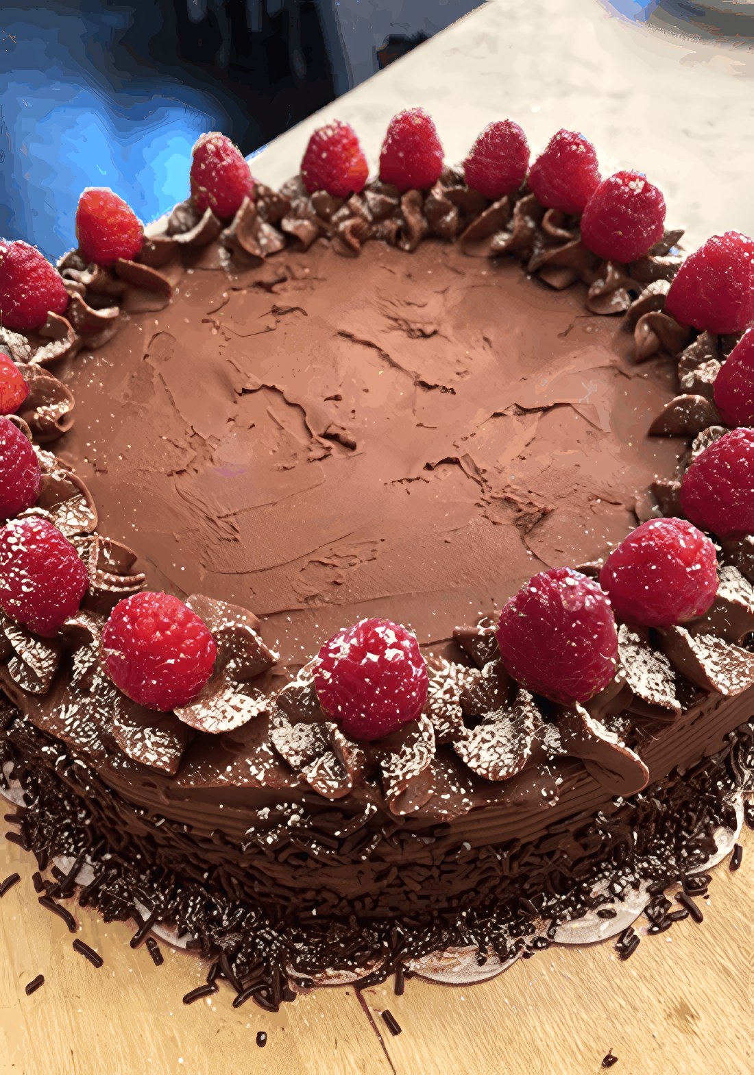 A chocolate layer cake made at Little Hidden Bakery, ringed with fresh raspberries
