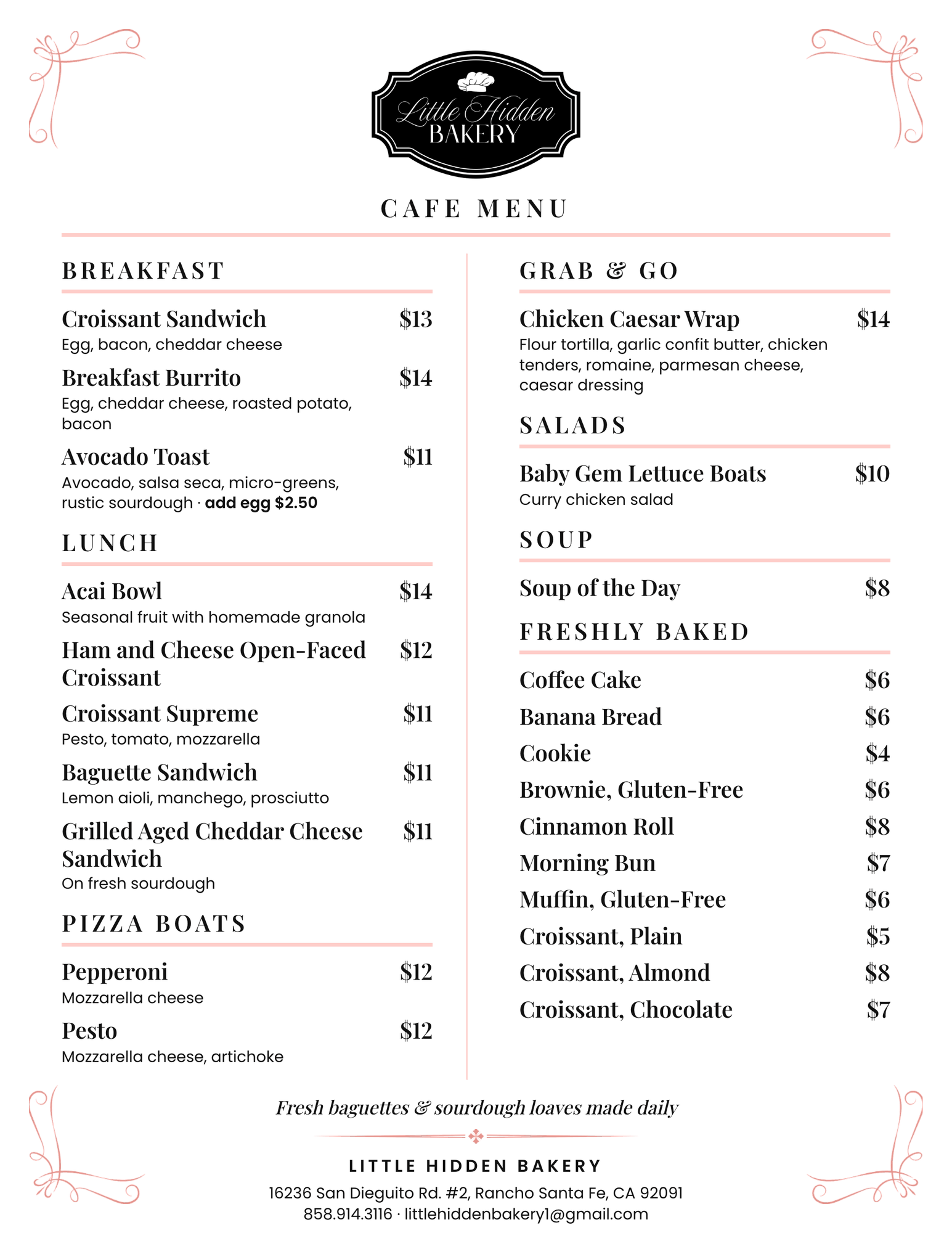 Little Hidden Bakery printed cafe menu: breakfast, lunch, pizza boats, wraps, salads, soup and freshly baked pastries, with prices.